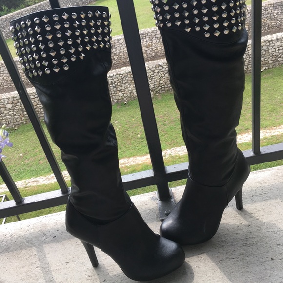 BCBGeneration Black Leather Studded Stiletto Boots - Picture 1 of 8